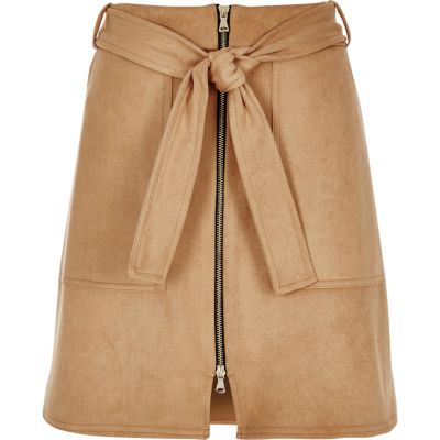 Beige faux suede zip-up A-line skirt